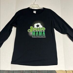 Gildan Black Long Sleeve Tee with Screen Soccer Ball & Nana Graphic size…